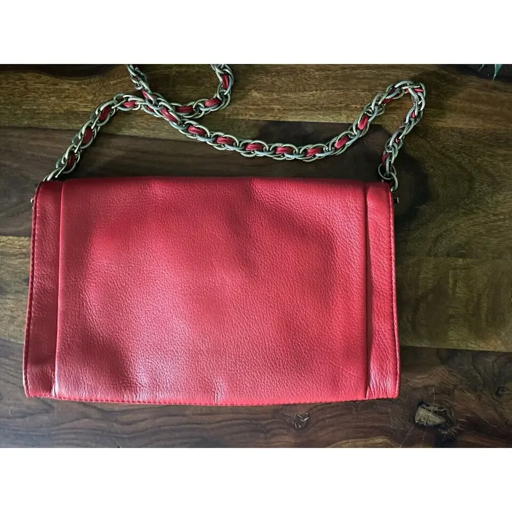 ELLIOT LUCCA Leather Clutch Detachable‎ Chain Handle Coral Handbag Night Out